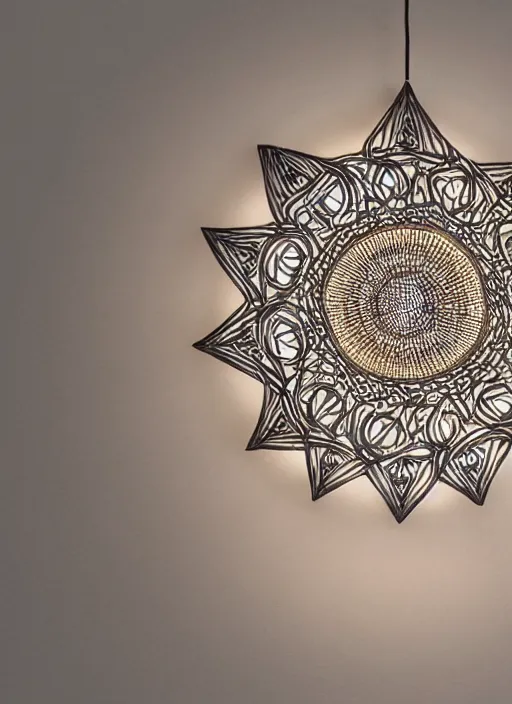 Image similar to A fabric ceiling lamp with intricate patterns designed by Artgerm