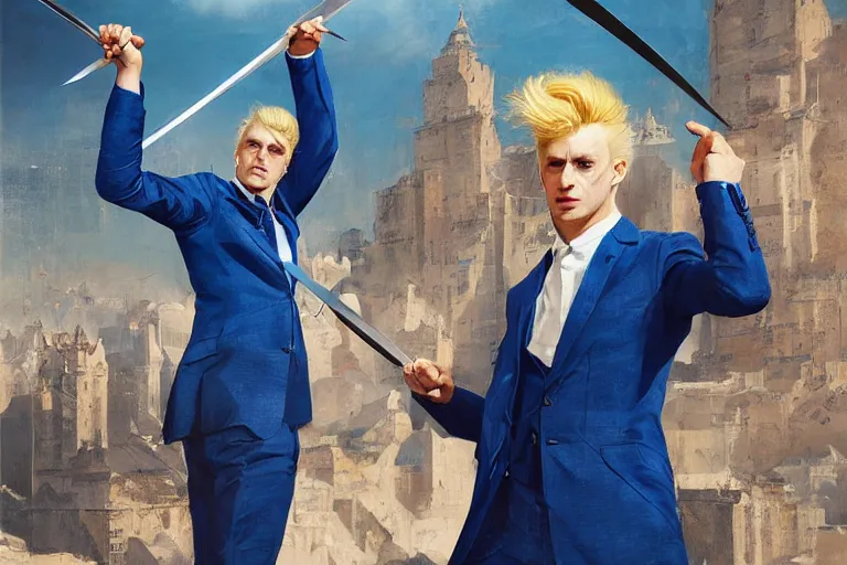 Image similar to a blond man in a blue suit attacked by flying swords, organic painting, sunny day, matte painting, bold shapes, hard edges, street art, trending on artstation, by huang guangjian, gil elvgren, ruan jia, randy vargas, greg rutkowski