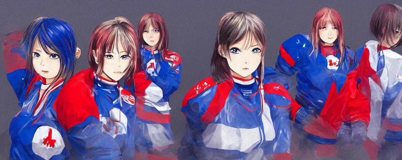 Image similar to females akira anime cyberpunk super star ice hockey players, wearing a light futuristic habs jersey, blue white and red color blocking, character concept exploration, outfit designs, trending on artstation, photorealistic, 8k