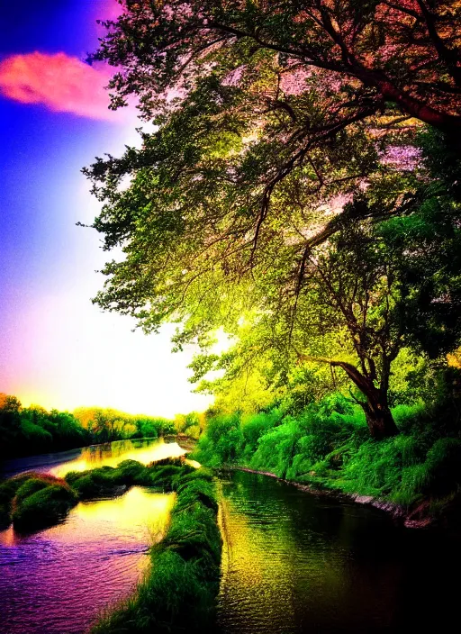 Prompt: beautiful summer season photography trees and river award winning cinematography