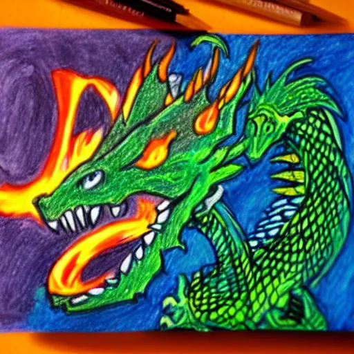 Image similar to “fire breathing dragon, child crayon drawing”