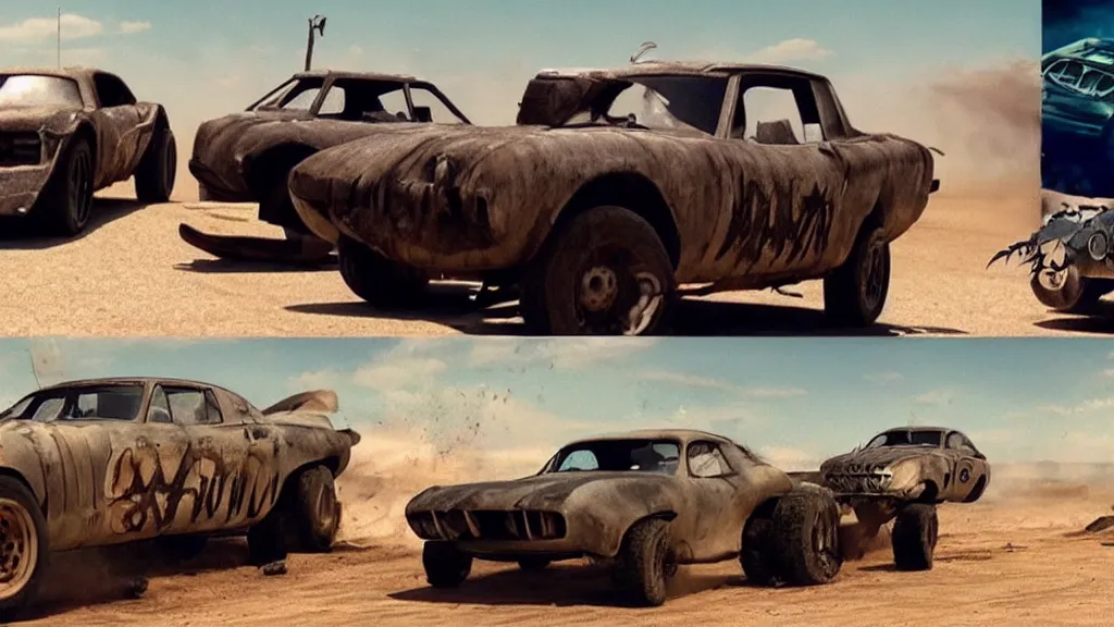 Image similar to mad max cars in a pixar movie