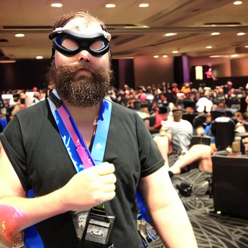 Prompt: A guy with a crowbar and swim goggles at the DEF CON conference in Las Vegas