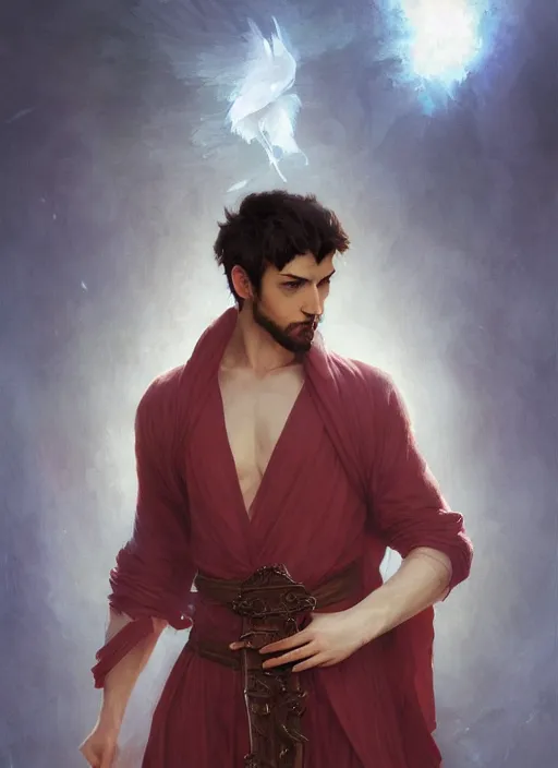Image similar to character concept portrait of an attractive young seductive Spanish wizard with pale red skin enchanting a arousal spell, a floating iridescent spell book in the center, intricate, elegant, digital painting, concept art, smooth, sharp focus, illustration, from Metal Gear, by Ruan Jia and Mandy Jurgens and William-Adolphe Bouguereau, Artgerm