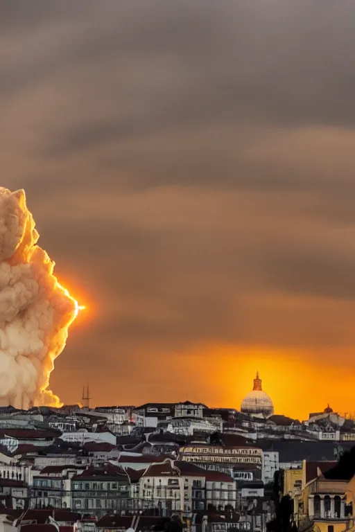 Prompt: a crowd of people running away in lisbon as a nuclear mushroom cloud flashes above the skyline