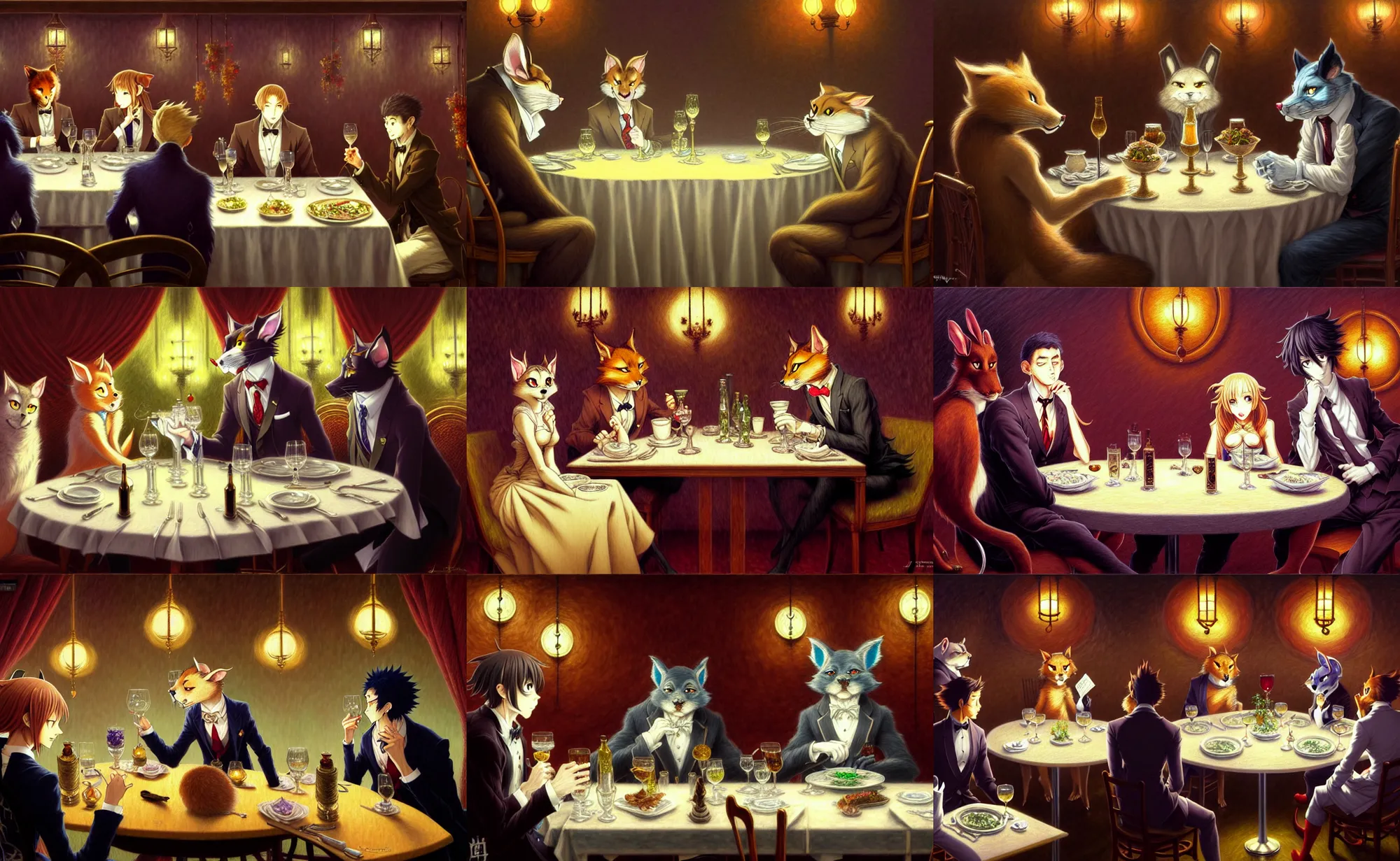 Prompt: a romantic dinner fancy restaurant scene, two characters at a table on a date, but it's all furry anthro fursonas, anime manga drawing in the style of beastars. trending on pixiv and artstation. an absurdly detailed oil painting, by james gurney, dan mumford, wayne reynolds, ron spencer, gustave dore, charles monet