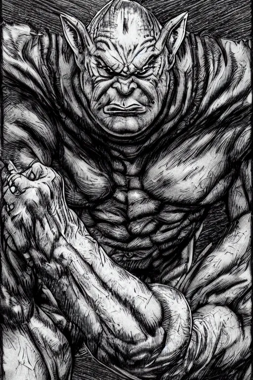 Image similar to hunched ogre, highly detailed, digital art, sharp focus, trending on art station, kentaro miura manga art style