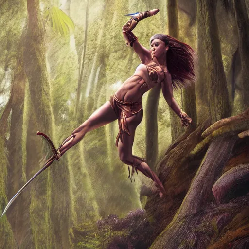 Image similar to a high detail super realistic anatomy strong amazonian woman leaps into the air in the forest to stab a wilderbeast with her sword, concept art, digital art fantasy world 4K high detail