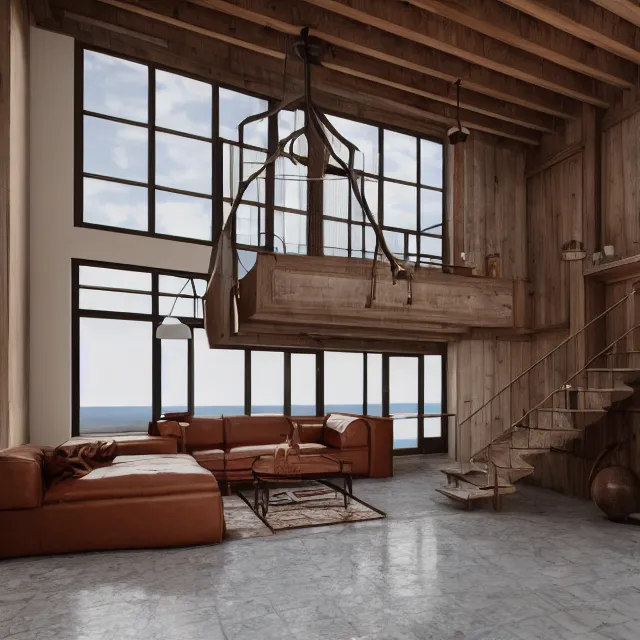 Image similar to post and beam a - frame interior, tall ceilings and loft, caramel leather couch, vintage fridge, large window in back with ocean scenery, marble countertops, spiral staircase, realistic, unreal engine render, octane render, hyper realistic, photo, 8 k