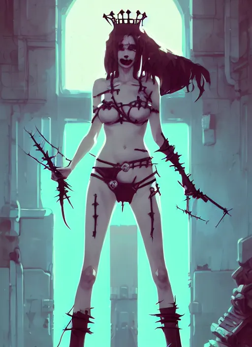 Prompt: portrait of cute goth maiden girl with crown of thorns, dressed in belts bikini, warhammer, cyberpunk, by atey ghailan, by greg rutkowski, by greg tocchini, by james gilleard, by joe gb fenton, by kaethe butcher, dynamic lighting, gradient light blue, brown, blonde cream and white color in scheme, grunge aesthetic