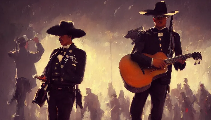 Prompt: mariachi, cinematic shot, concept art oil painting by jama jurabaev, extremely detailed, brush hard, artstation, high quality, brush stroke