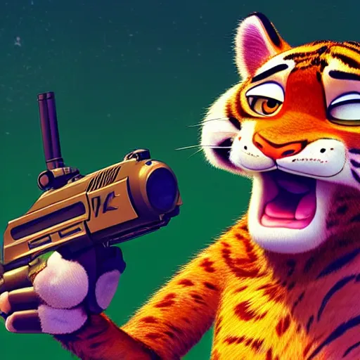 Image similar to “portrait of tiger in the style of the movie zootopia holding a laser gun, 4k, digital art, award winning”