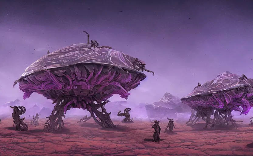 Image similar to matte painting of ant aliens in a desert, science fiction art, elaborate, detailed digital art, trending in artstation, purple color lighting