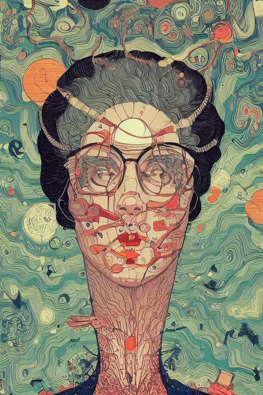 Prompt: portrait of mad lady scientist, stylized illustration by victo ngai, james jean, colorful comics style,