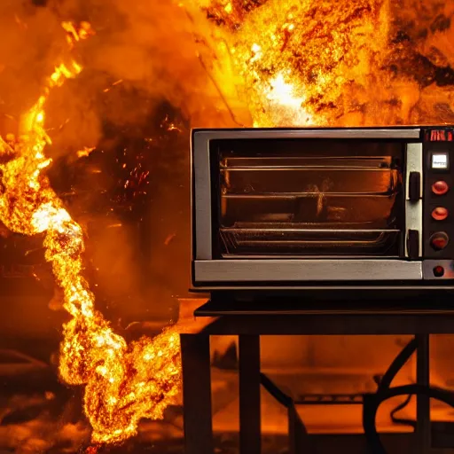 Image similar to toaster oven terminator robot, dark messy smoke - filled cluttered workshop, dark, dramatic lighting, orange tint, sparks, plasma charge, cinematic, highly detailed, sci - fi, futuristic, movie still