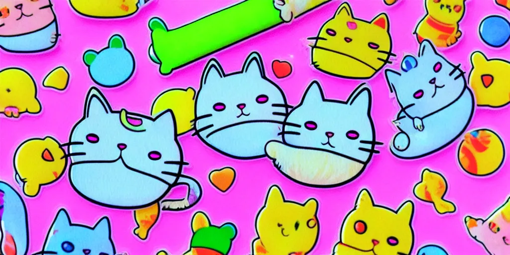 Image similar to a cat burrito, puffy sticker, glitter sticker, kawaii by studio ghibli, by lisa frank 8 k pastel colours, neon colours, fluorescent colours,