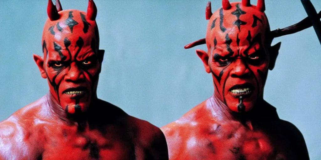 Image similar to a film still of samuel l. jackson starring in a blockbuster film as darth maul from star wars, shallow depth of field, cinematic, award winning cgi, vfx, film still