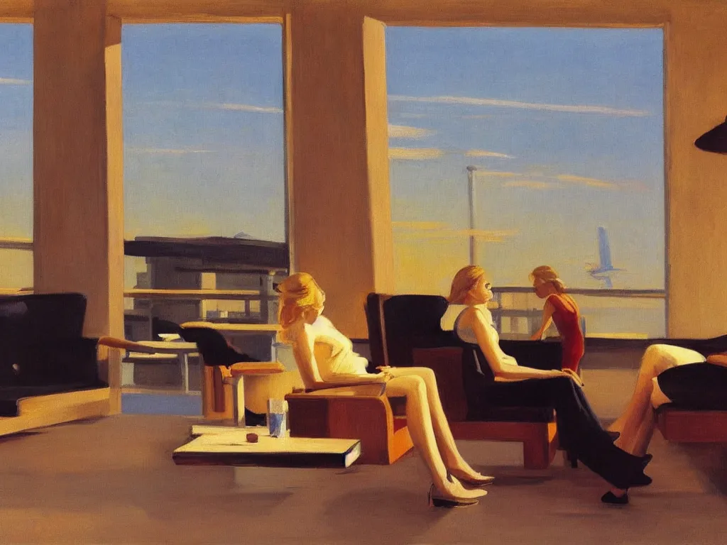 Prompt: sun setting in a airport lounge. tall, spacious, blonde woman watching landed airplane on the runway. painting by edward hopper