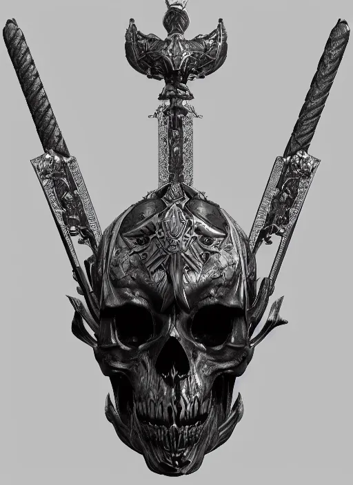 Image similar to a black and silver sword skull crest, orthographic, ornament, weapon, a 2 d render by dom qwek, front side, concept art, trending on polycount, artstation, hard surface modeling, rendered in maya, zbrush, hd, vray, blizzard, symmetry