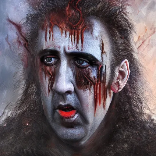 Prompt: Nicolas Cage as god of chaos screaming dark fantasy, intricate, smooth, artstation, painted by Hans Giger