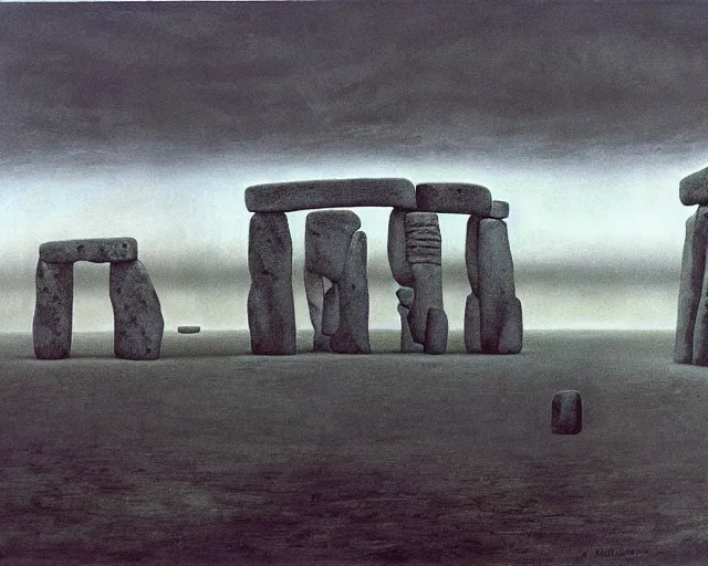 Image similar to painting of Stonehenge by Yves Tanguy, underneath a painting of a spaceship by Beksinski