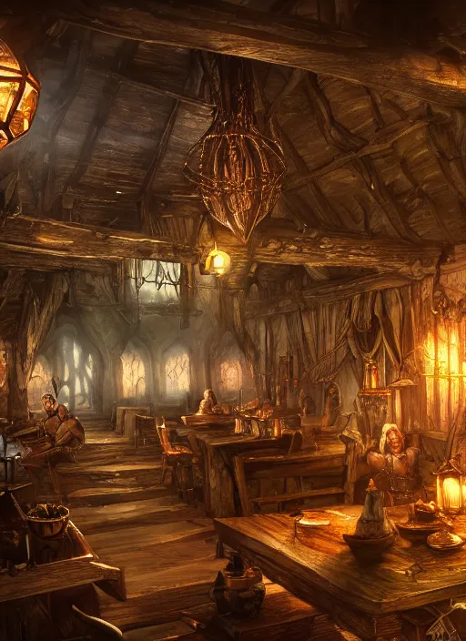 Prompt: tavern, ultra detailed fantasy, elden ring, realistic, dnd, rpg, lotr game design fanart by concept art, behance hd, artstation, deviantart, global illumination radiating a glowing aura global illumination ray tracing hdr render in unreal engine 5