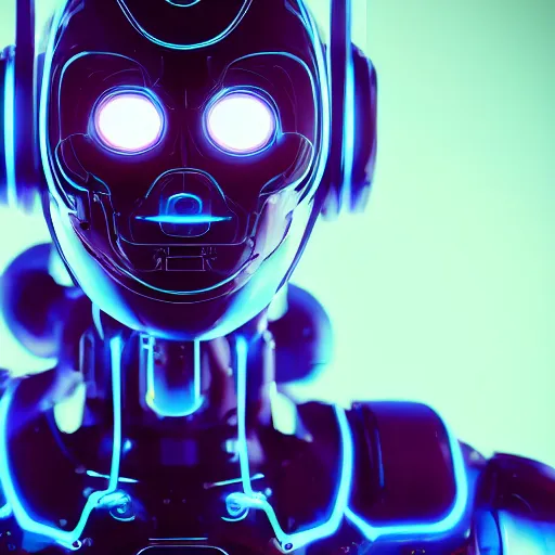 Image similar to portrait of a faceless robot,, neon highlights, dark, blue glowing background lighting, hyper detailed, science fiction, 4 k octane render