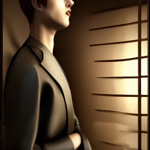 Image similar to innovative avant-garde art, deco fashion, young boy with sharp jawline, royal theme, highly detailed, photorealistic portrait, crisp quality and light reflections, unreal engine 5 quality render