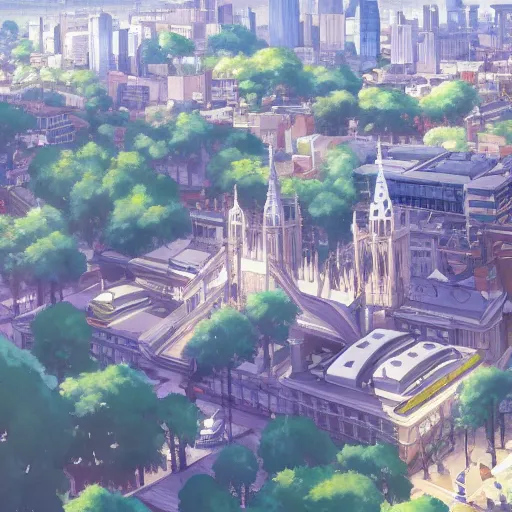 Prompt: A beautiful painting of London ,Anime ,nature ,illustration, Nature wallpaper, Bright and airy, Aerial, Makoto shinkai ,Trending on artstation