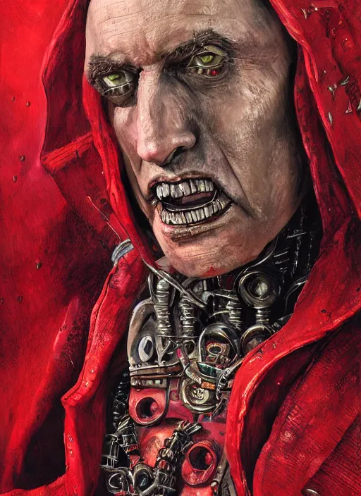 Image similar to portrait of rotten Nicolas Cage as adeptus mechanicus in red hood and robe from Warhammer 40000. Highly detailed, artstation, illustration by and John Blanche and zdislav beksinski and wayne barlowe