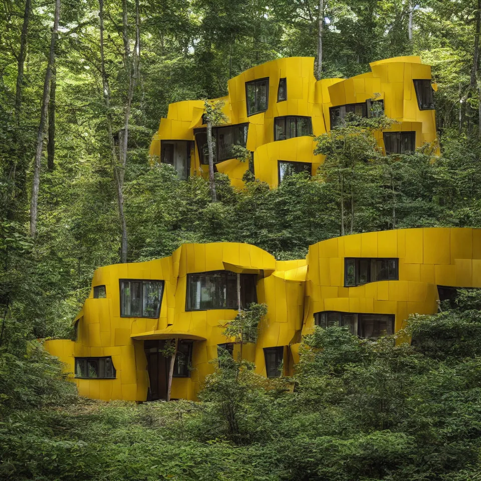 Image similar to a small flat house in the forest, designed by Frank Gehry. Big Tiles. Film grain, cinematic, yellow hue