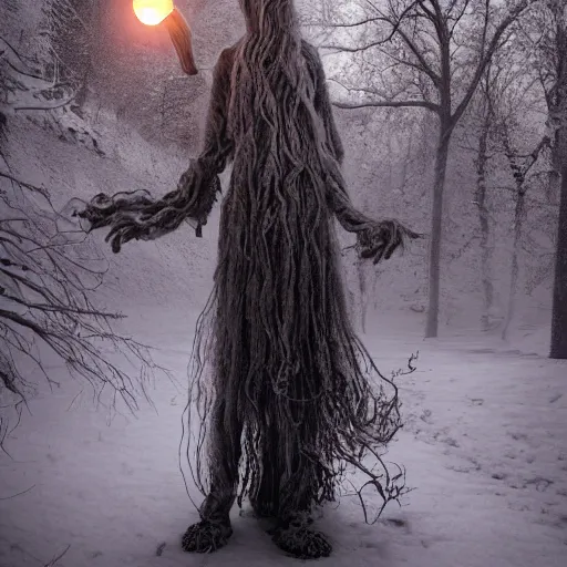 Image similar to humanoid ethereal ghostly live action muppet wraith like figure with a lightbulb jellyfish head with two very long tentacles for arms that flow gracefully at its sides with a long fuzzy snake tail in place of its legs, it stalks around the frozen tundra searching for lost souls and that hide in the shadows in the trees, this character can control the ice, snow, shadows, and electricity, it is a real muppet by sesame street, photo realistic, real, realistic, felt, stopmotion, photography, sesame street