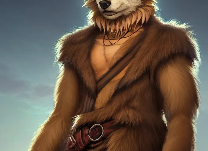 Image similar to smug smirk sardonic character portrait feature of the anthro male anthropomorphic wolf fursona animal person wearing tribal primitive caveman outfit belt standing in the entrance to the cave, well framed character design stylized by charlie bowater, ross tran, artgerm, makoto shinkai, detailed, soft lighting, rendered in octane