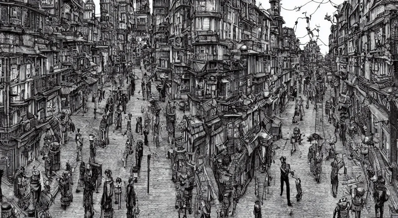 Prompt: steampunk city street with no people by junji ito, trending on artstation