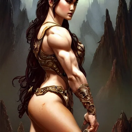 Image similar to full body portrait of sasha grey, muscular, upper body,big chest, amazon warrior, fantasy, intricate, elegant, highly detailed, digital painting, artstation, concept art, matte, sharp focus, illustration, art by Artgerm and Greg Rutkowski and Alphonse Mucha