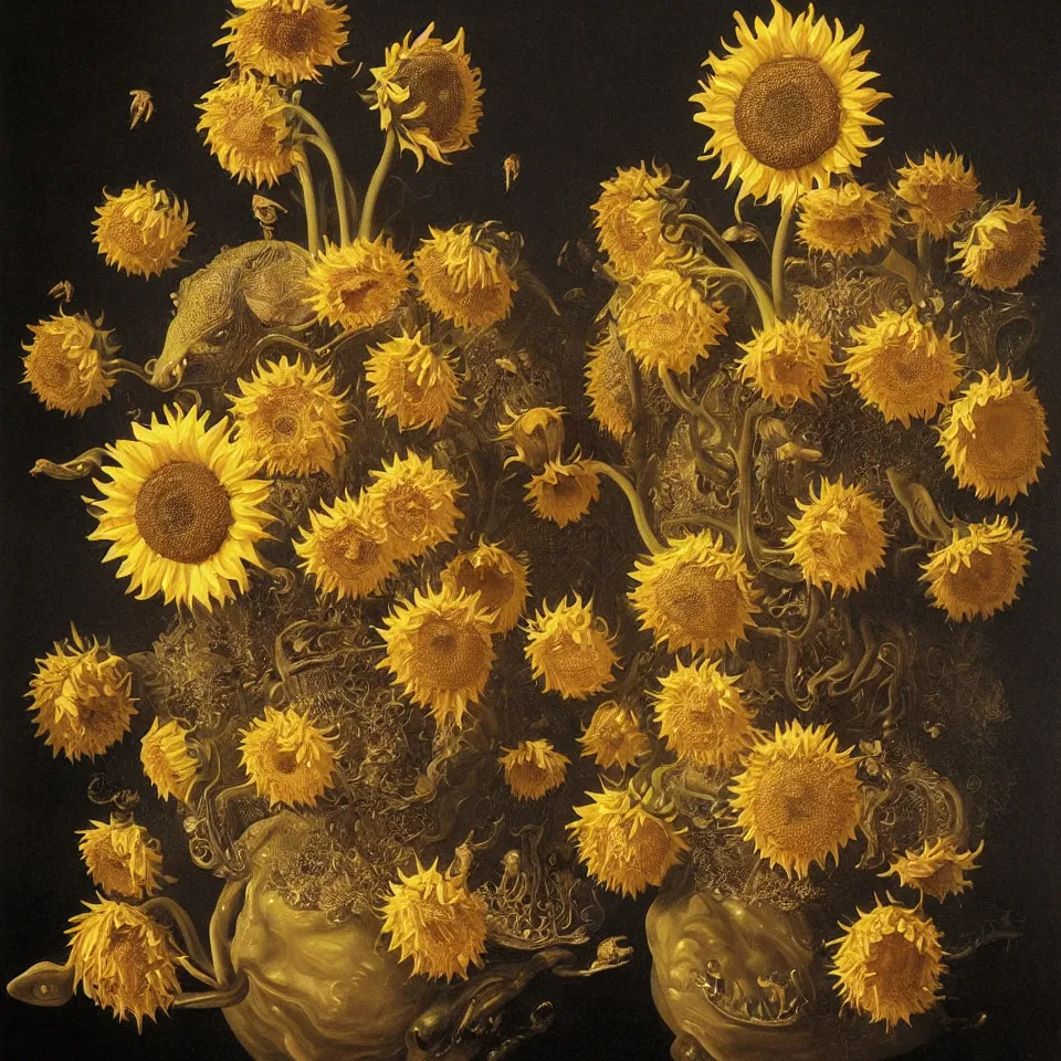 Image similar to dutch golden age bizarre sunflower portrait made from flower floral still life with very detailed aquatic flowering lotuses with amphibians, disturbing fractal forms sprouting up everywhere by rachel ruysch black background chiaroscuro dramatic lighting perfect composition high definition 8 k oil painting with black background by christian rex van dali todd schorr of a chiaroscuro portrait recursive masterpiece