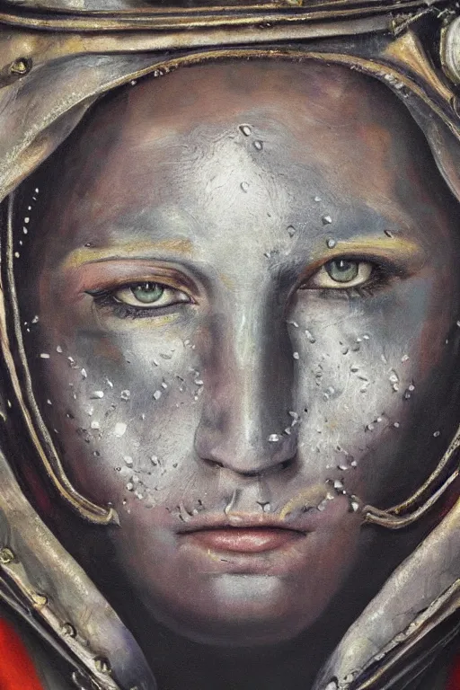 Image similar to hyperrealism oil painting, close - up portrait of face hiding in stingray medieval fashion model, knight, steel gradient mixed with nebula sky, in style of baroque mixed with 7 0 s book art