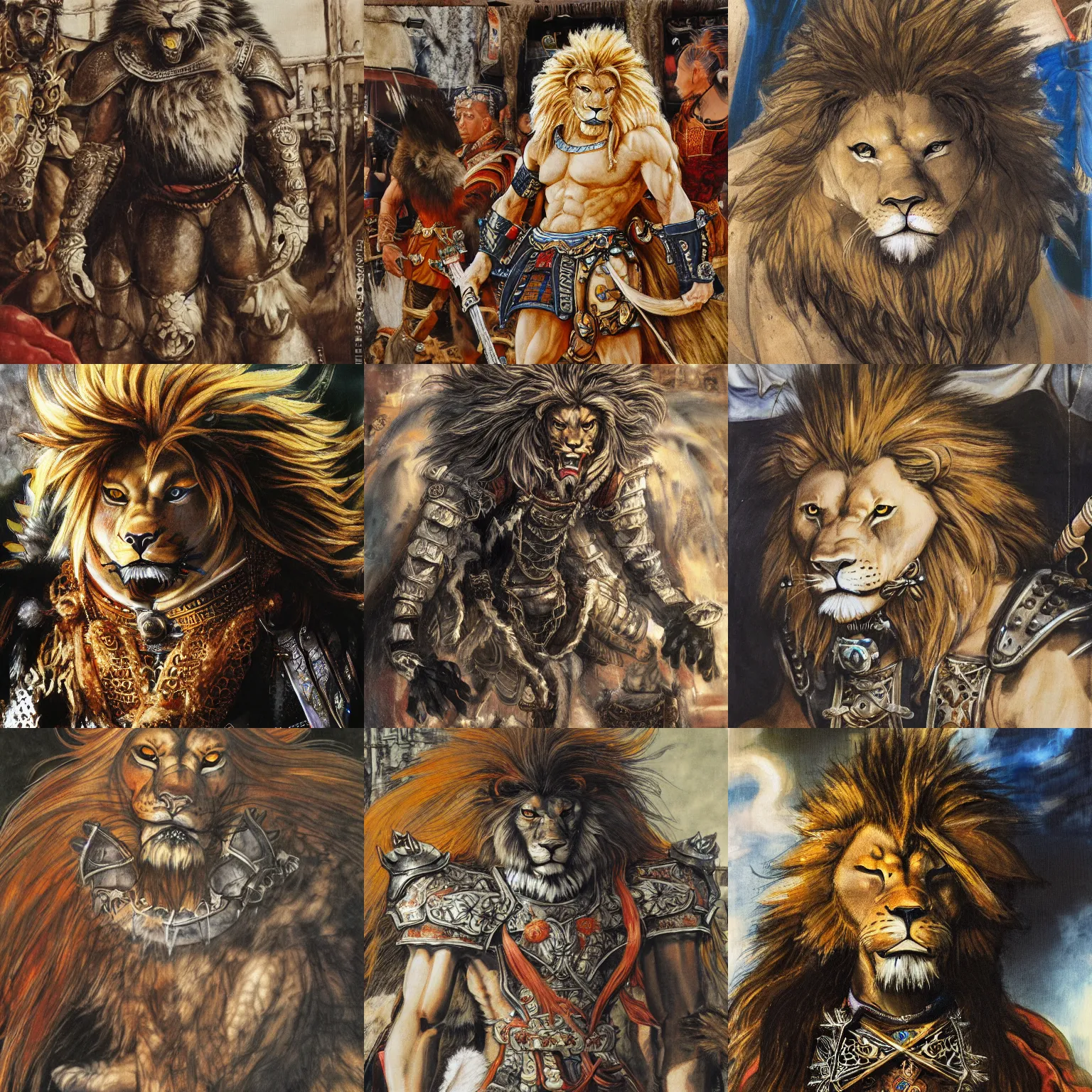 Prompt: 8k Yoshitaka Amano painting of upper body of a young cool looking lion beast-man with white mane at a medieval market at windy day. Depth of field. He is wearing complex tribal armors. He has huge paws. Renaissance style lighting.