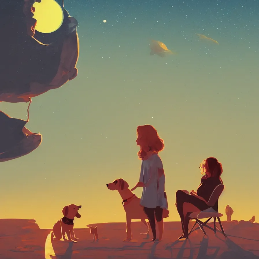 Prompt: an illustration of a girl wearing glasses watching the sunset with her dog, an art deco painting by james gilleard, behance contest winner, space art, concept art, matte painting, matte background