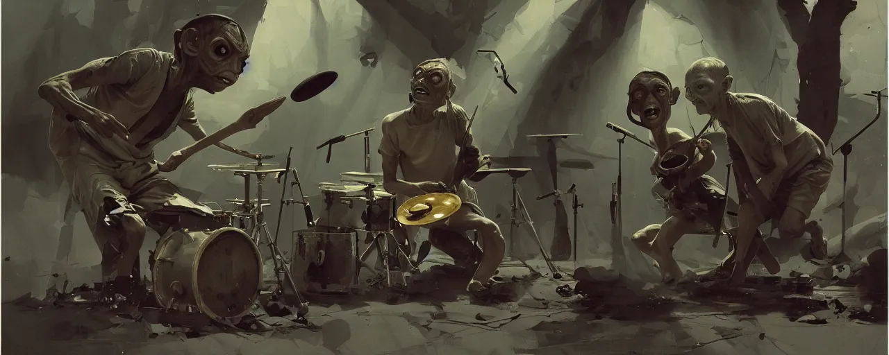 Prompt: duotone olive illustration 3 / 4 portrait of gollum playing drums on stage composition accidental renaissance golden ratio. by sachin teng and sergey kolesov and ruan jia and heng z. graffiti art, scifi, fantasy, hyper detailed. octane render. concept art. trending on artstation