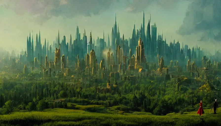 Prompt: a beautiful establishing shot of the emerald city from wizard of oz, by greg rutkowski and kalin popov, trending on artstation, masterpiece,