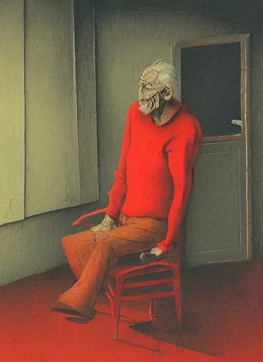 Image similar to beksinski style older man sitting on a chair in dark basement with red walls and one window