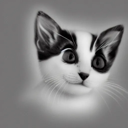 Image similar to black and white drawing of a baby kitten, floating head, white background