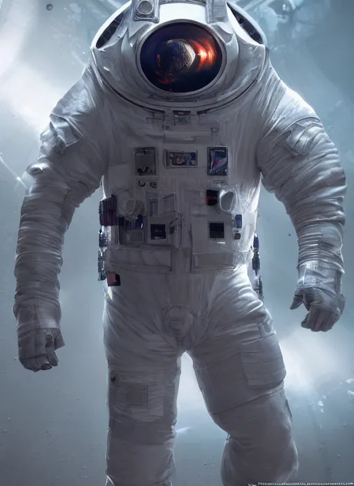 Image similar to concept art by craig mullins infrared complex and hyperdetailed technical astronaut suit in futuristic dark and empty spaceship underwater. reflection and dispersion materials. rays and dispersion of light. volumetric light. 5 0 mm, f / 3 2. noise film photo. flash photography. unreal engine 4, octane render. interstellar movie art