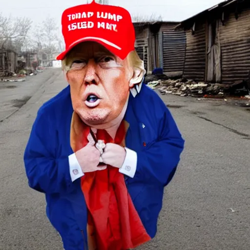 Image similar to donald trump dressed as a homeless man living in the slums