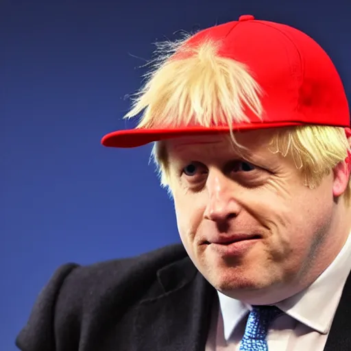 Image similar to boris johnson as an angry muscular wwe wrestler wearing a cap hat. he is looking closely at his fingers