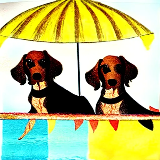 Image similar to two cute brown spaniel swimming by the seaside, parasols, bright towels, geometric, pop, sketch, artwork,lines