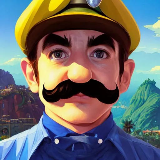 Image similar to highly detailed portrait, mario bros., in gta v, stephen bliss, unreal engine, fantasy art by greg rutkowski, loish, rhads, ferdinand knab, makoto shinkai and lois van baarle, ilya kuvshinov, rossdraws, tom bagshaw, global illumination, radiant light, detailed and intricate environment