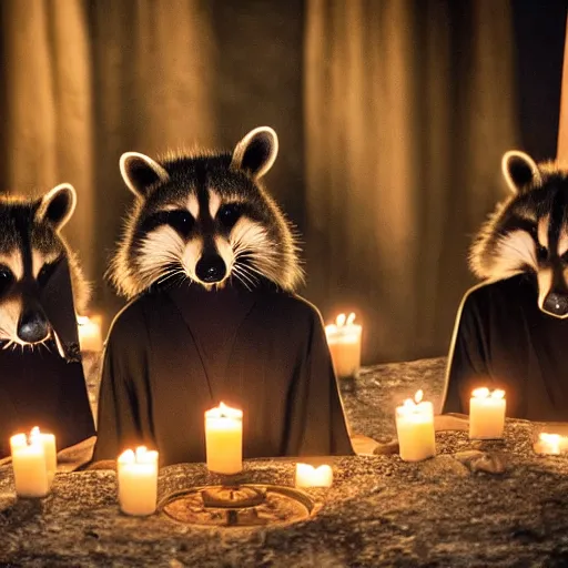 Image similar to disposable camera photo, a group of raccoons wearing dark cult robes look towards the camera in surprise and anger as they perform a dark occult evil ceremony inside the secret lair of an underground mystery cult, dramatic candlelight, ultra - detailed, photorealistic, 4 k