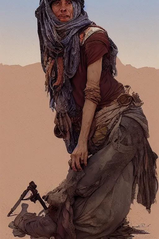 Image similar to a full body portrait of a beautiful post apocalyptic offworld desert bedouin blind beggar by the road, intricate, elegant, highly detailed, digital painting, artstation, concept art, smooth, sharp focus, illustration, art by krenz cushart and artem demura and alphonse mucha